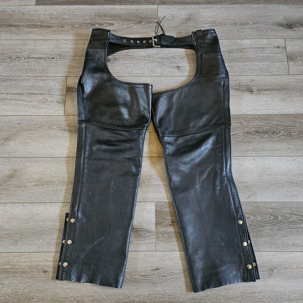 Mens Black First Genuine Leather Motorcycle Chaps XL Adjustable 38-44'' Side Zip